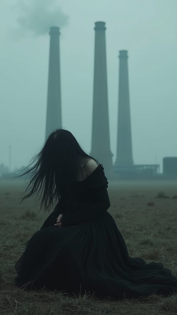 Gothic Woman Kneeling in Windswept Field