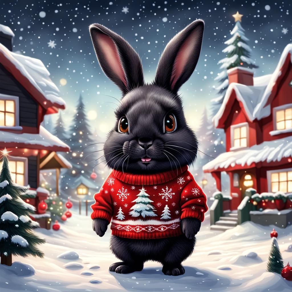 Smiling Chibi Black Bunny in Winter Scene