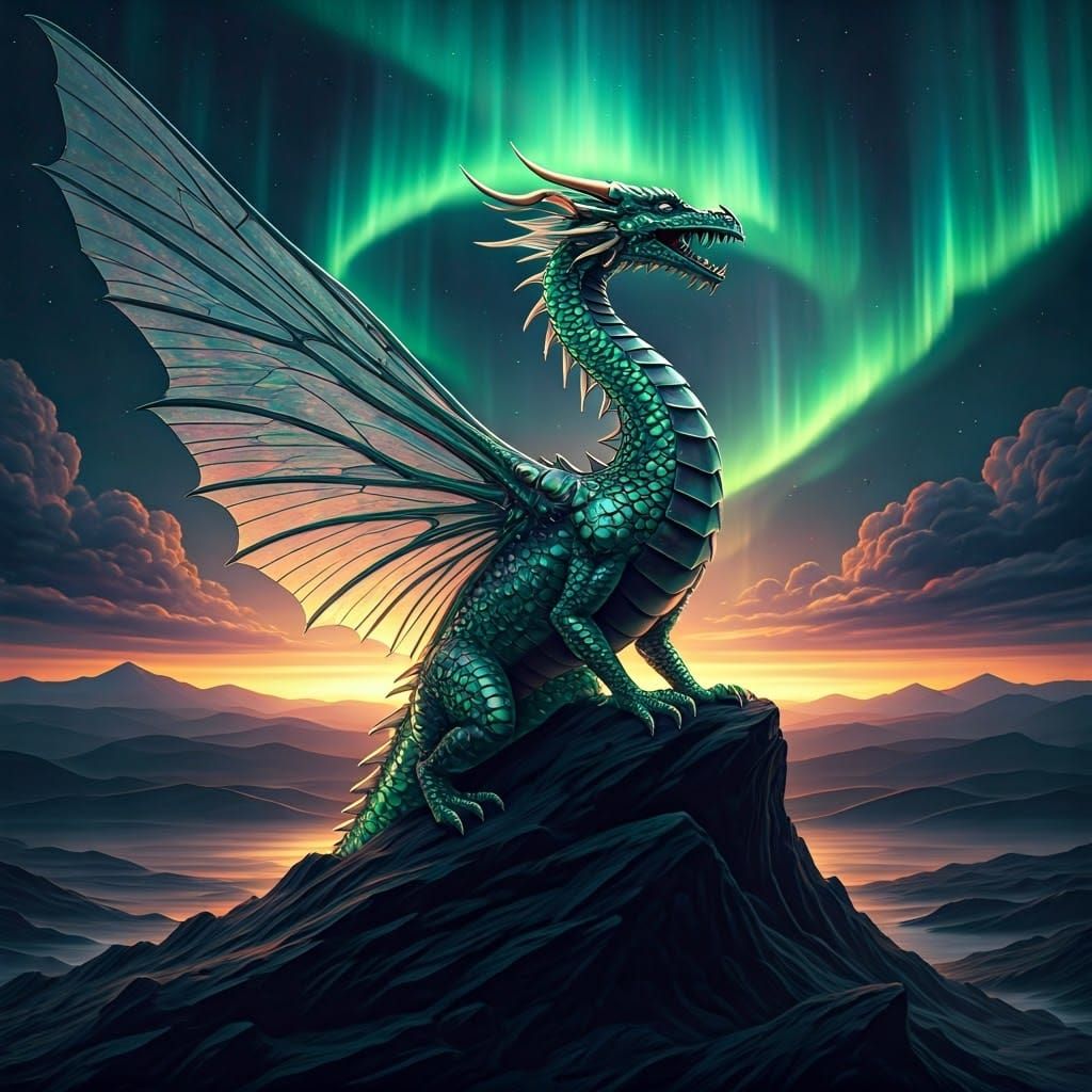 Jade Dragon with Aurora Wings Digital Painting