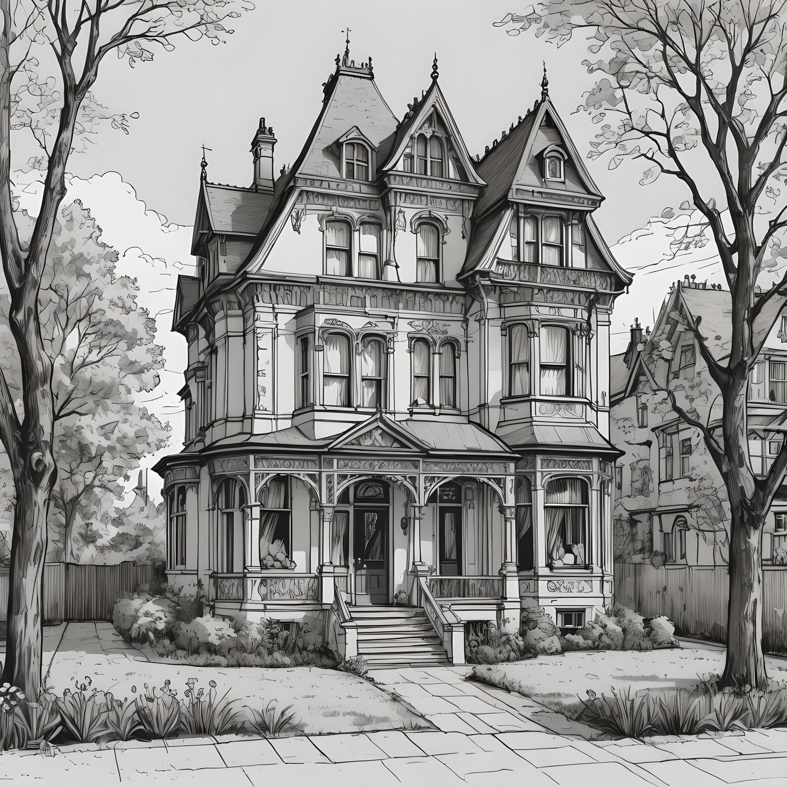 Edwardian House Line Art Coloring Book Illustration