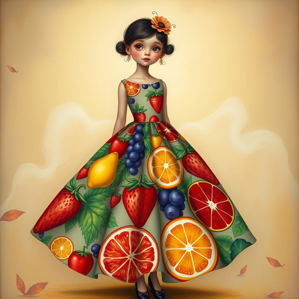 Surreal Fashion Model in Whimsical Fruit Print Dress