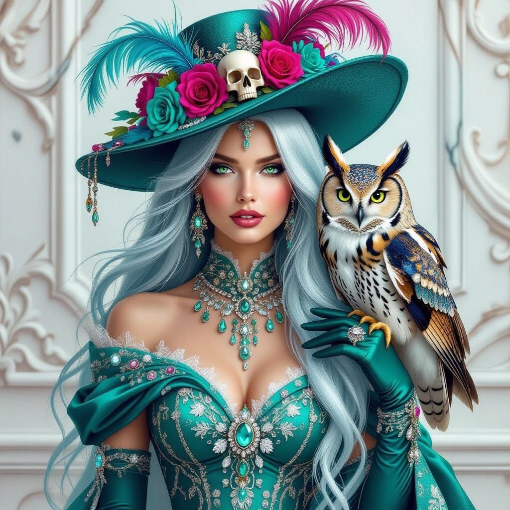 Enchanting Woman with Owl, Digital Art Portrait