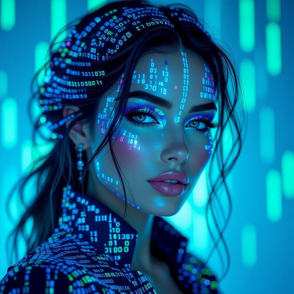 Cyberpunk Woman Portrait Made of Binary Code
