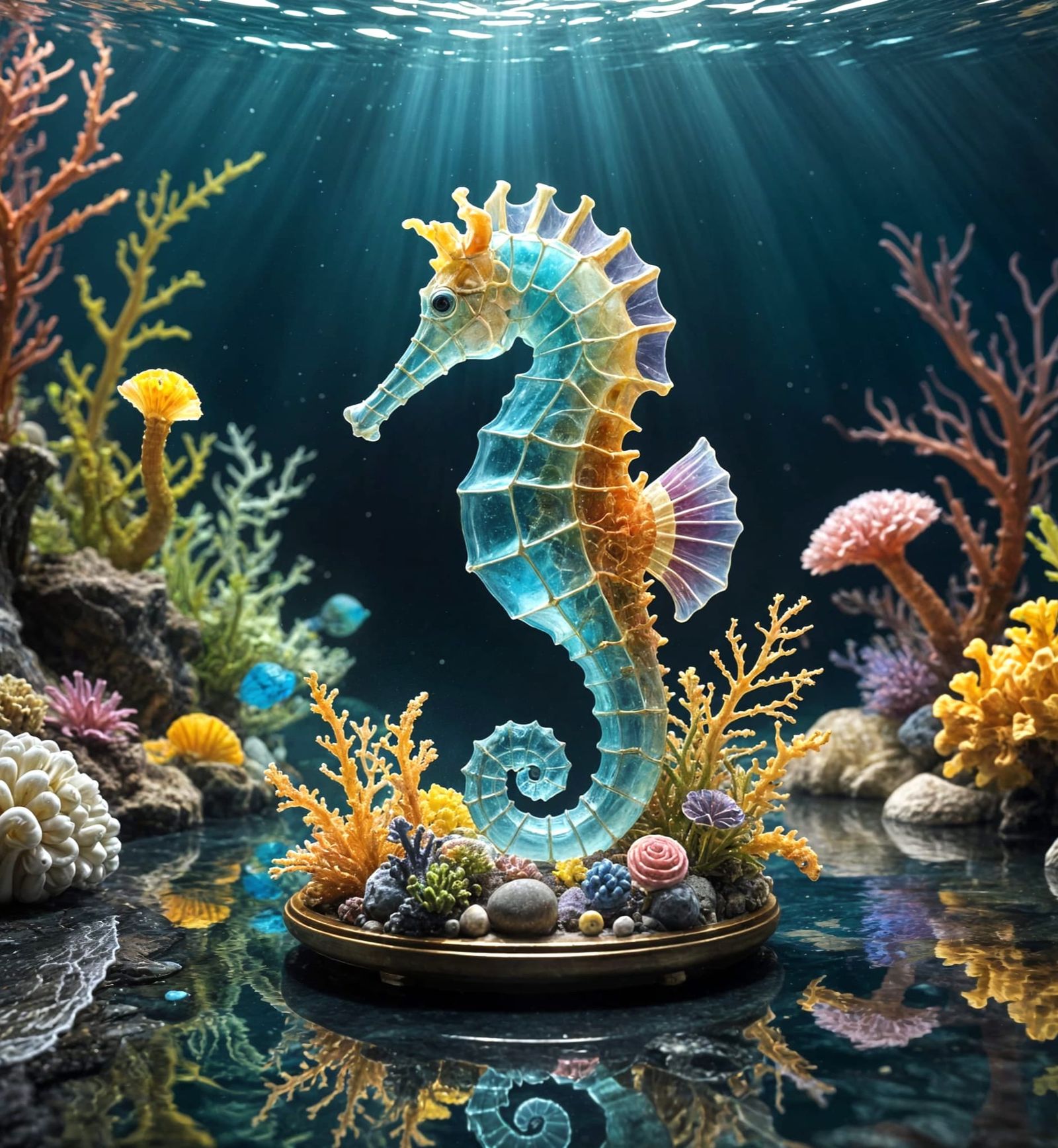 Sea Glass Seahorse Sculpture on Ocean Floor