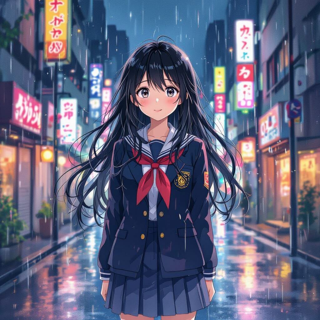 Anime Girl in Rainy Tokyo: Dreamy Digital Art