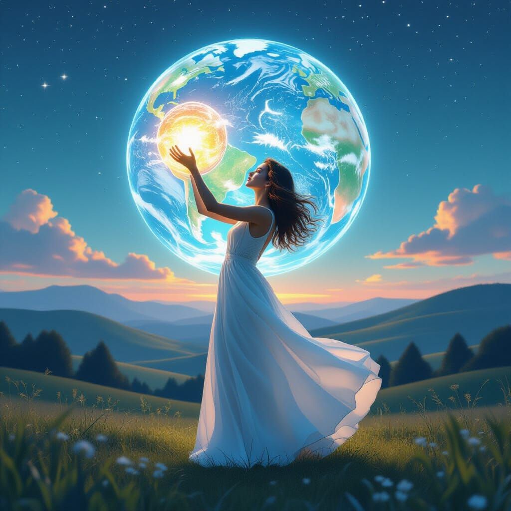 Woman with Earth Globe in Solarcubic Biosphere
