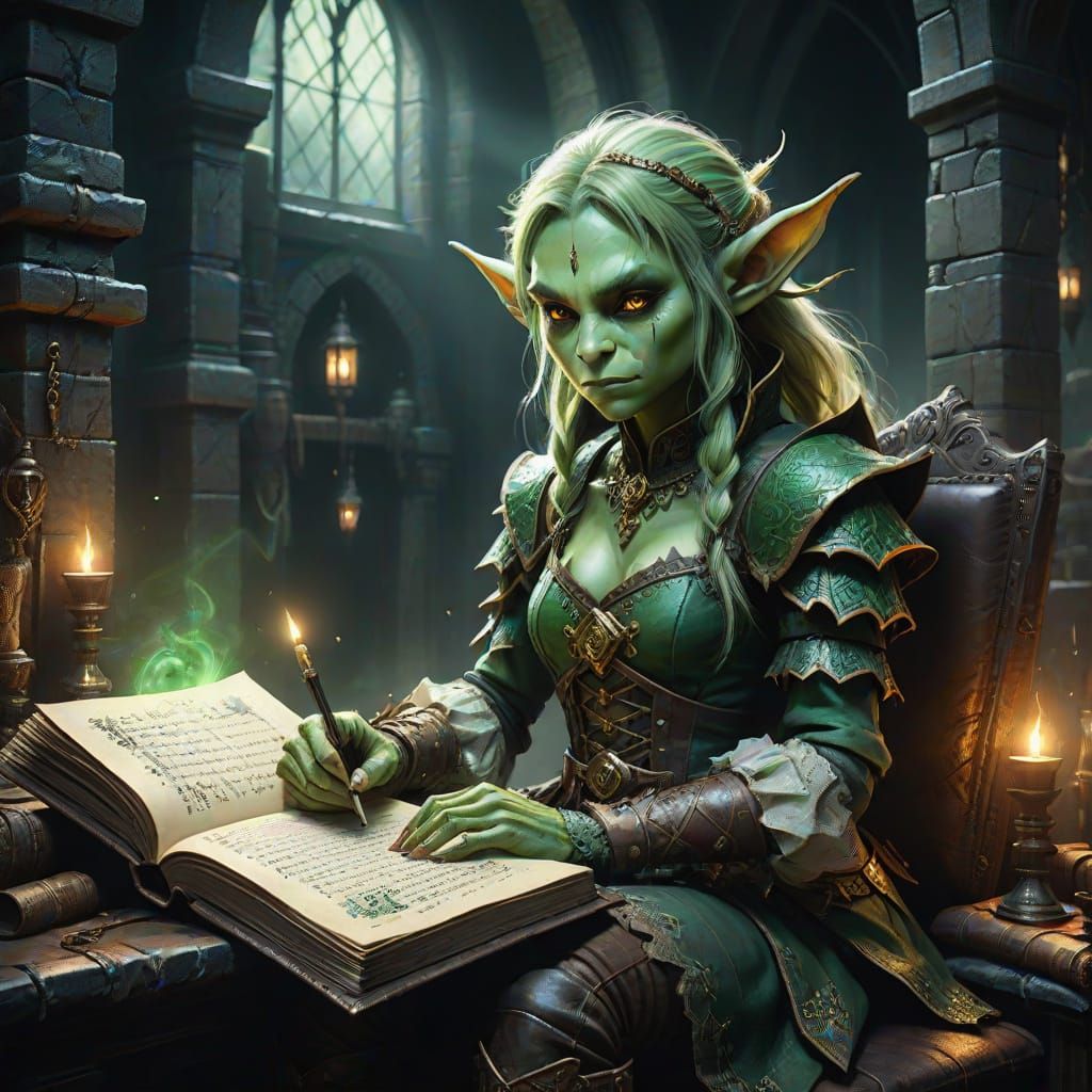 Ethereal Goblin-Elf Scribe in Dark Fantasy Dungeon