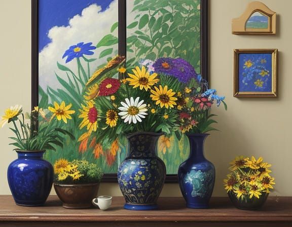 Vibrant Antique Vases with Wildflowers in Whimsical Still Li...