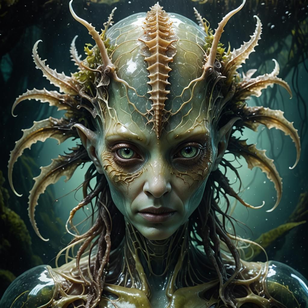 a alien underwater nymph awe inspiring anthropomorphic fit ram horned male albino winged alien creature, big fragile tra...