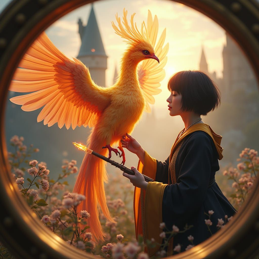 Phoenix and Witch with Hogwarts in Background