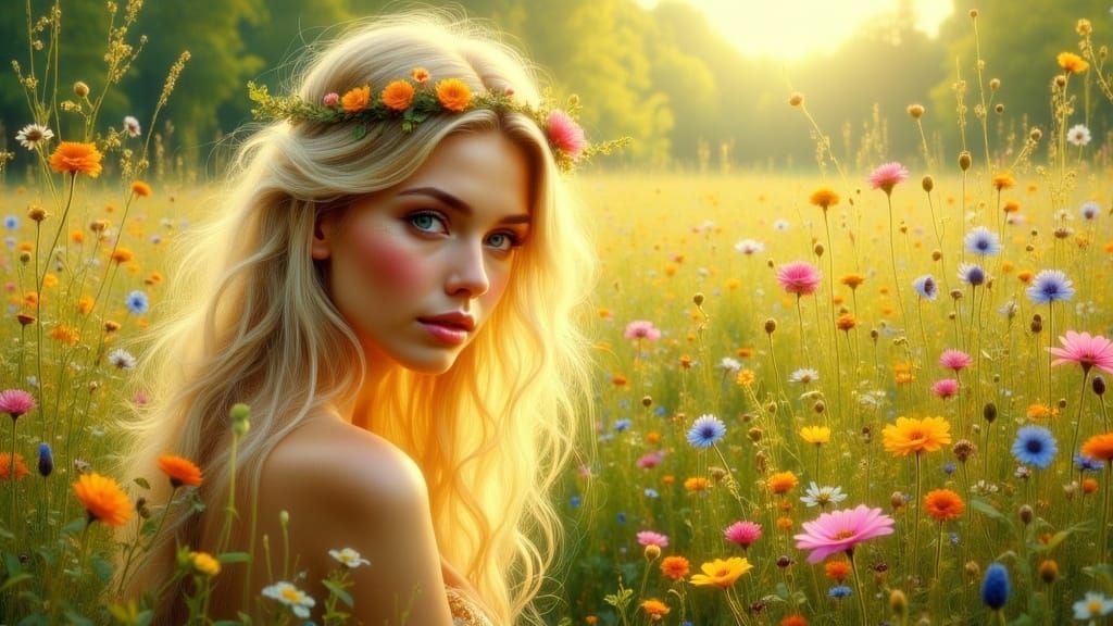 Lush Meadow Scene in Art Nouveau Style