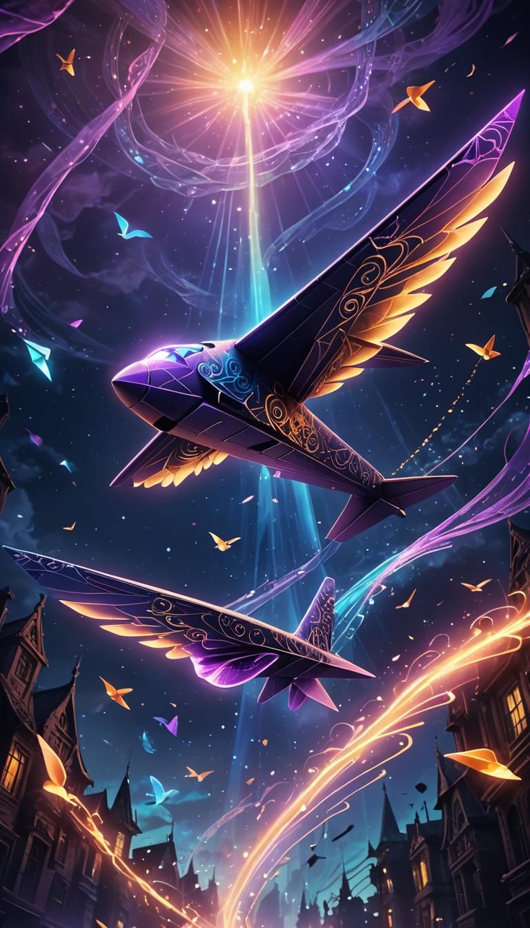 Glowing Paper Plane Soars in Mystical Realm