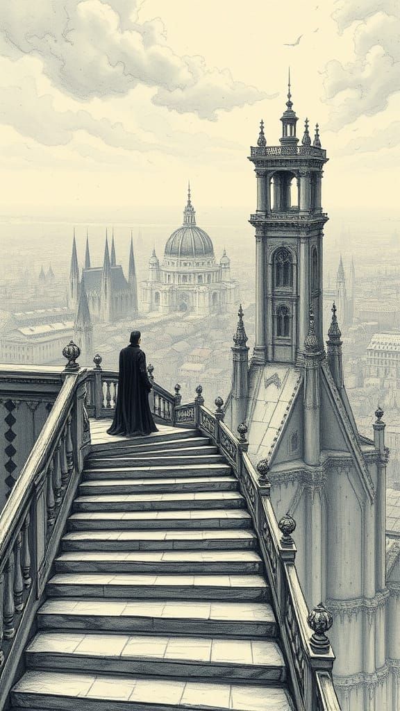 Mystical City Overlook: Dark Academia Pencil Sketch