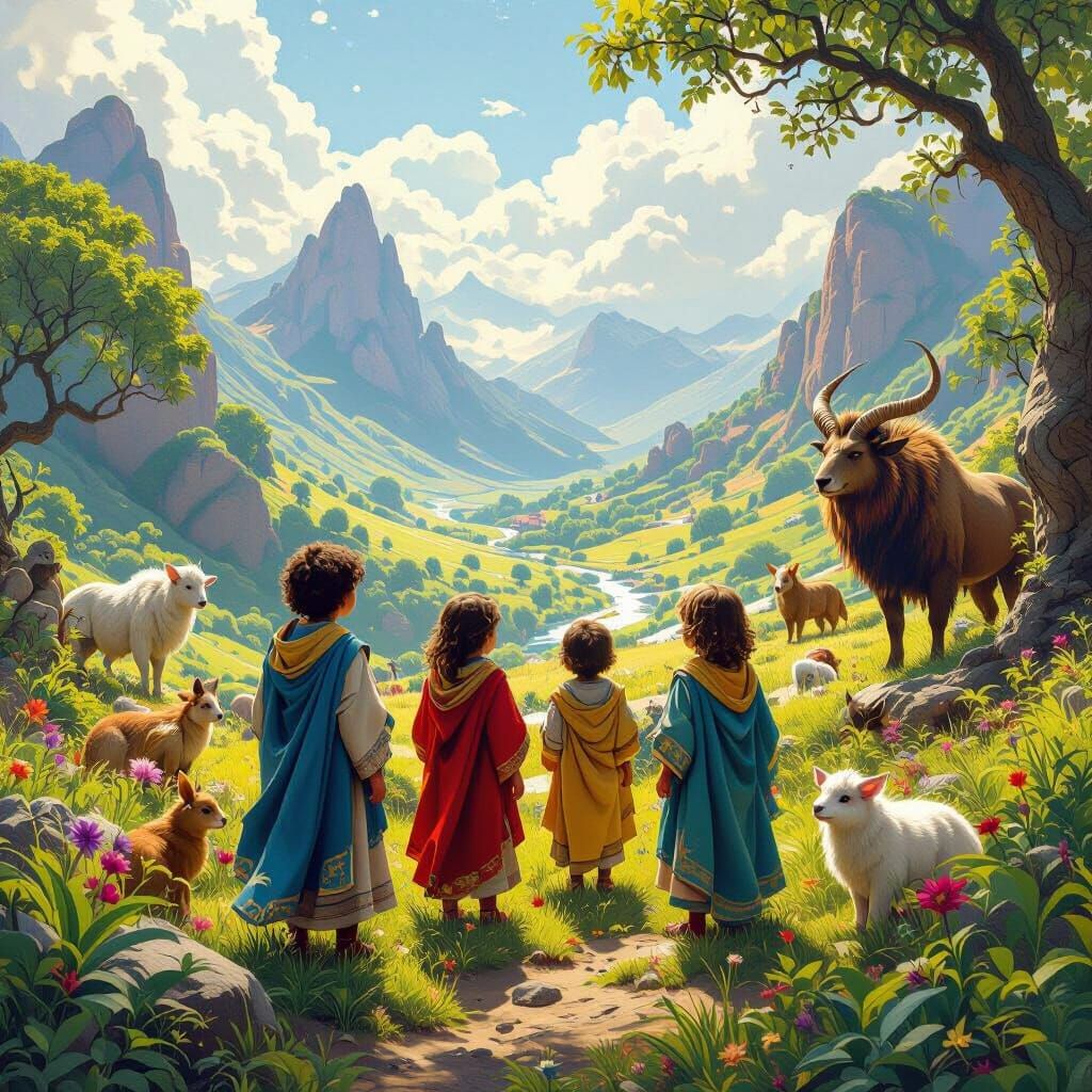 Biblical Children in Whimsical Landscape: Matte Painting