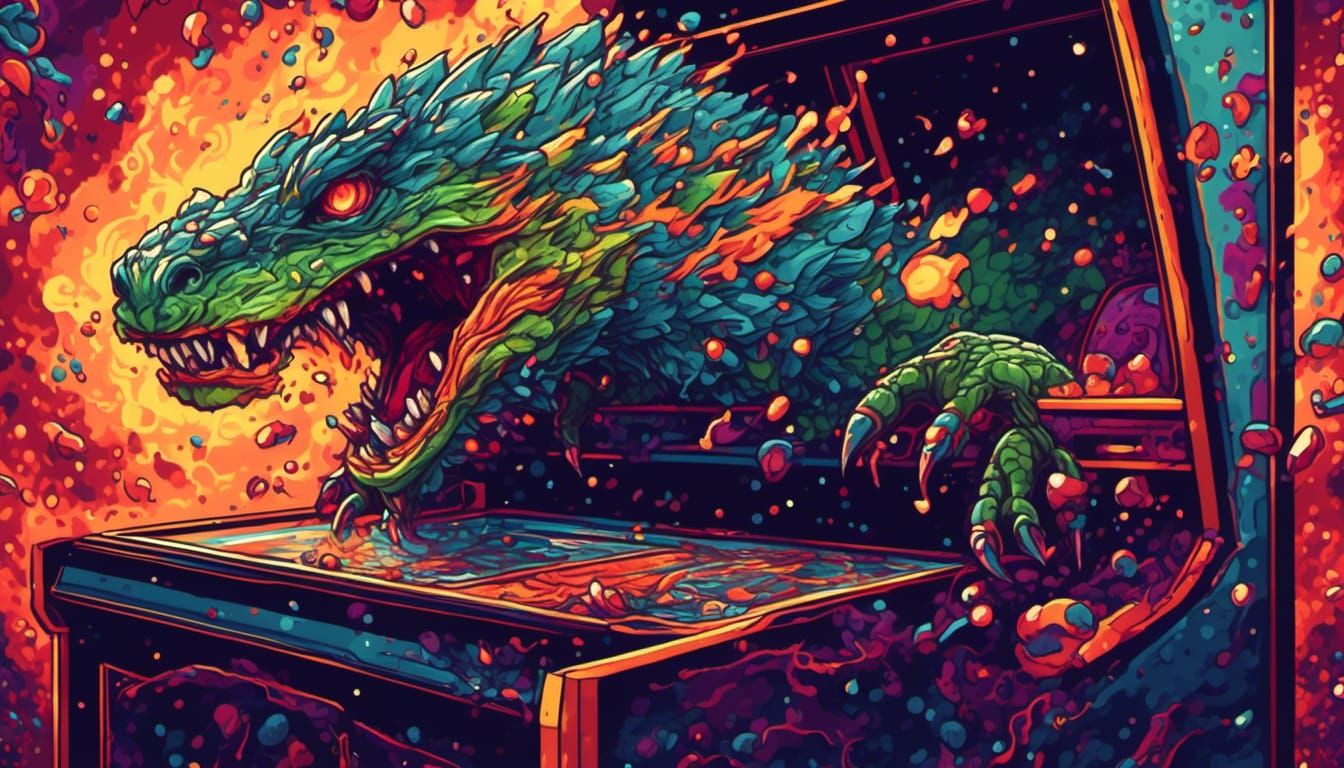 Pixel Art Lizard Exploding from Arcade Screen