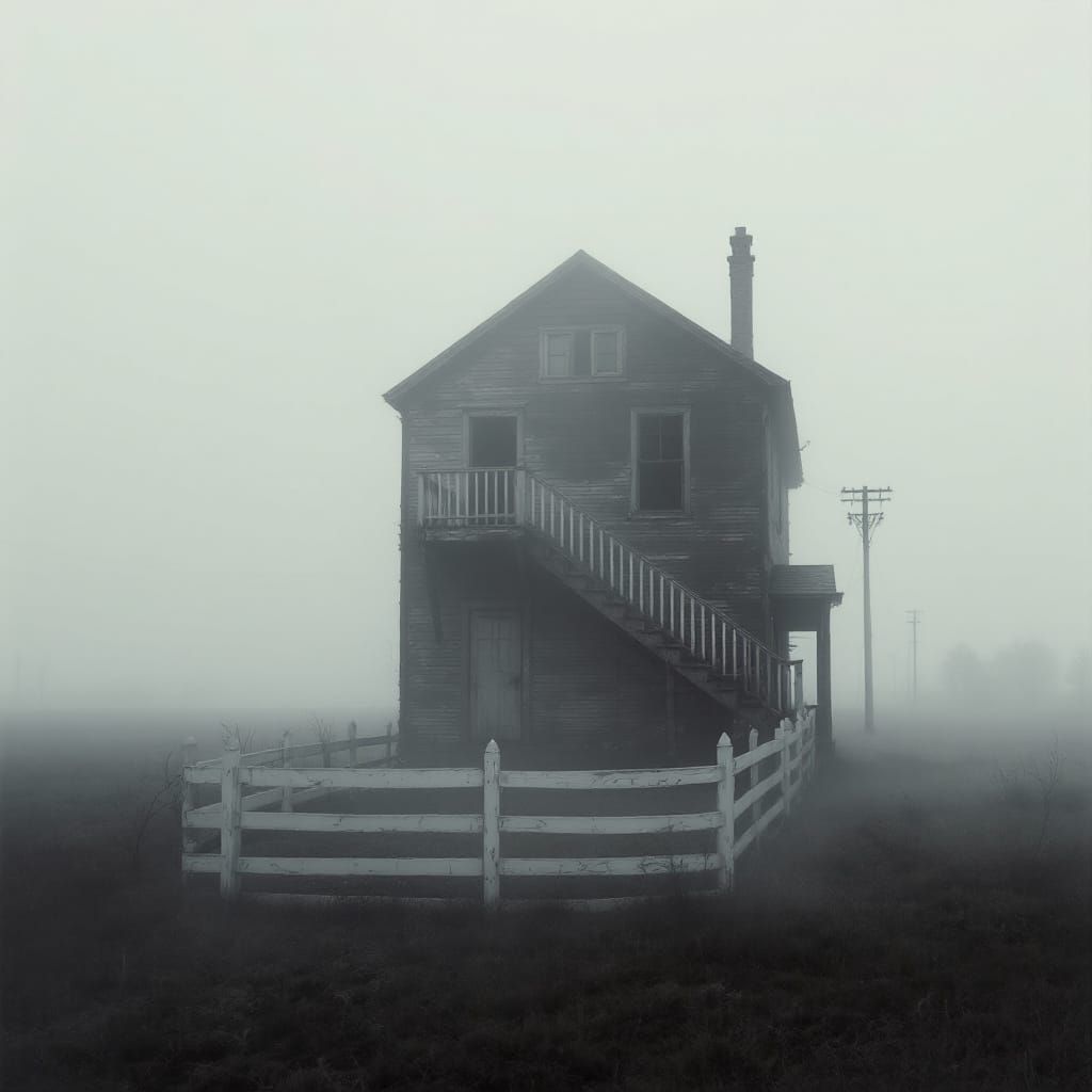 Misty Building with Curved Staircase in Atmospheric Lighting