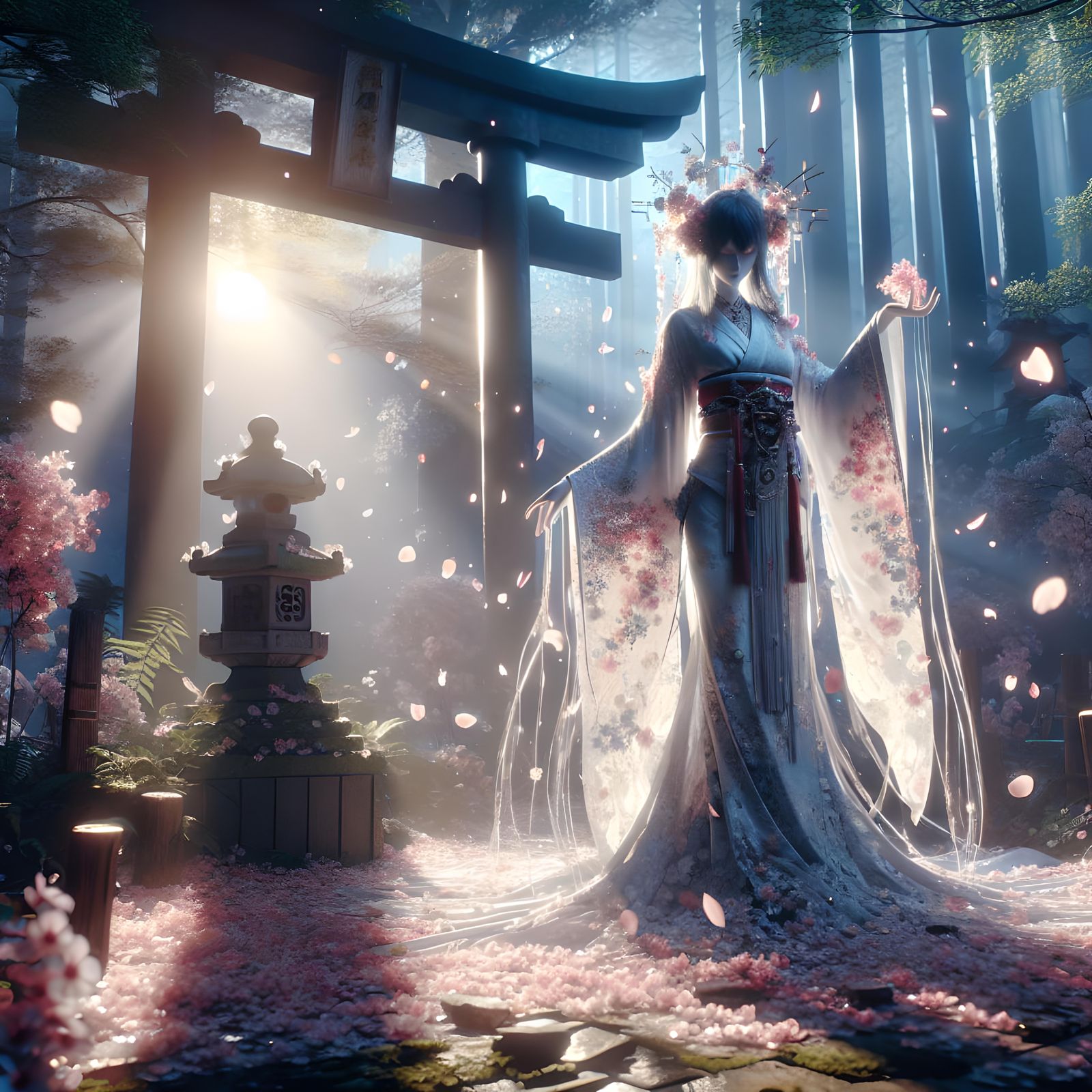 Japanese Shrine Maiden in Forest with Solar Flare