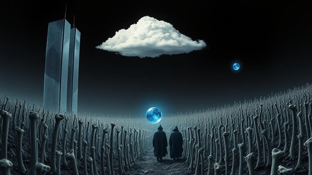 Surreal Bone Landscape with Monks in Art Deco City