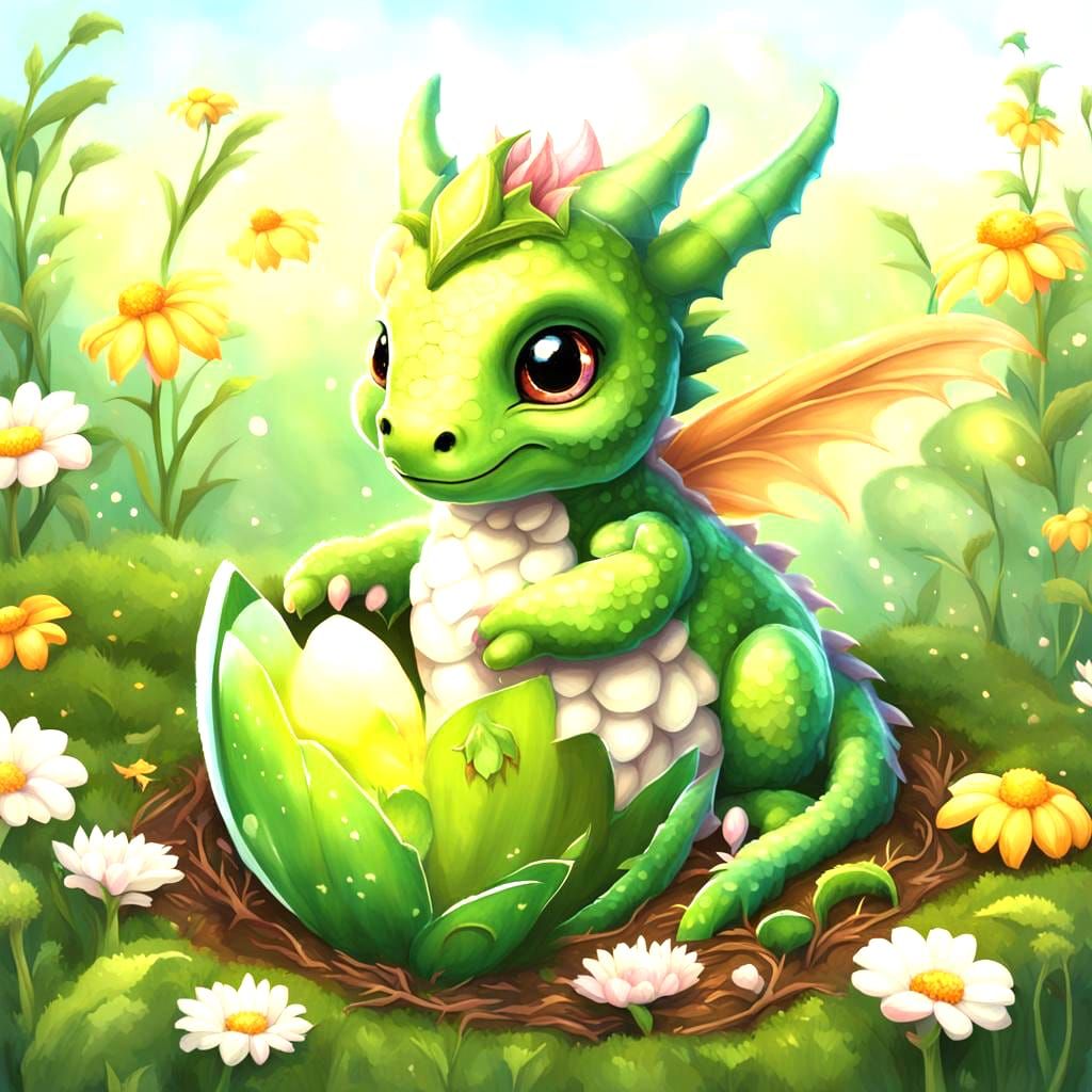 Cute baby fairy dragon with gauzy fairy wings hatching in a meadow.