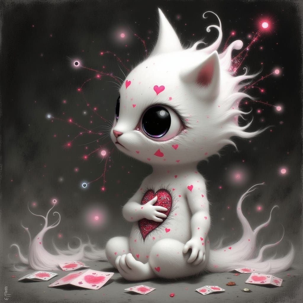 Ethereal Feline Queen of Hearts in Cyberpunk Digital Art
