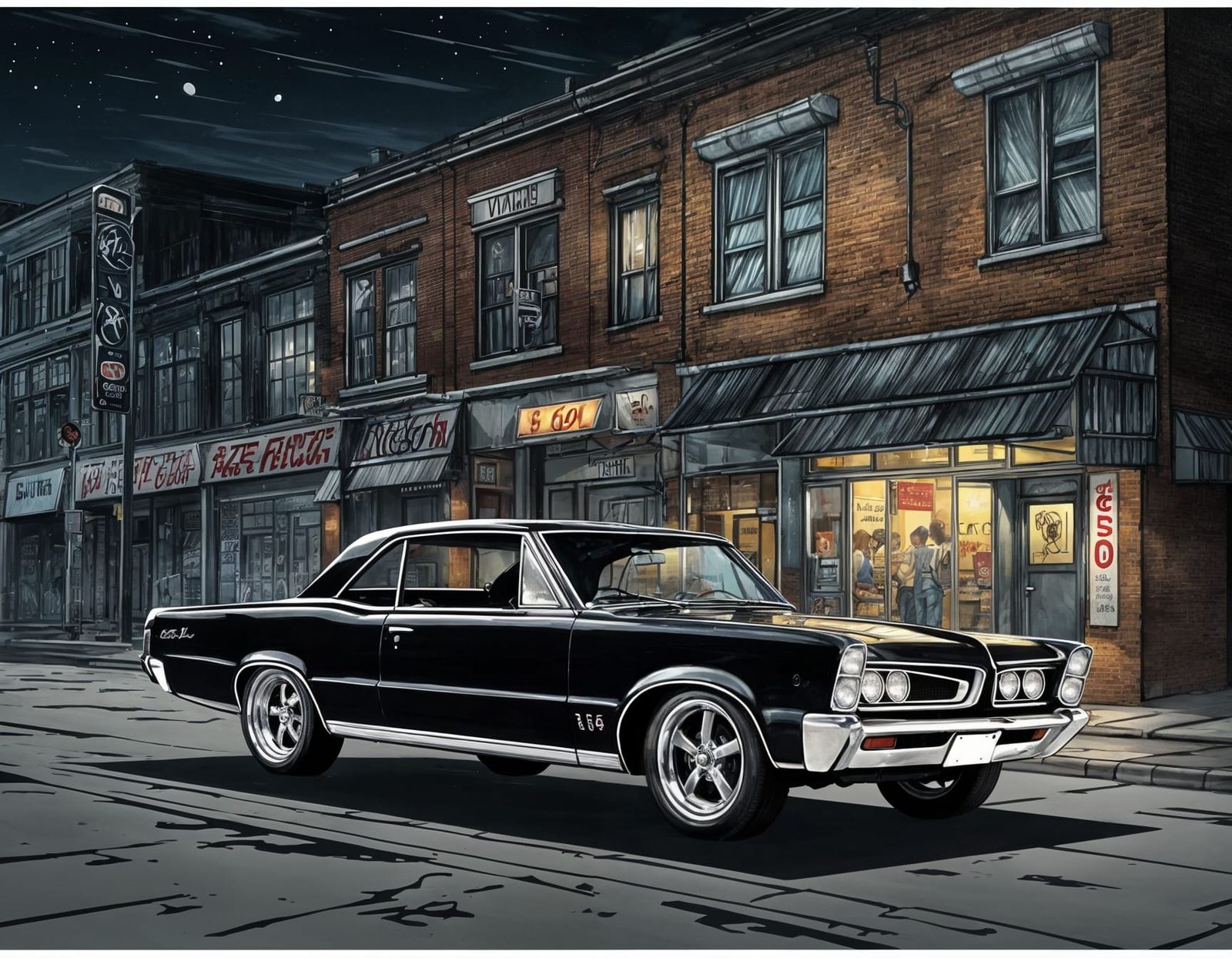 1965 Pontiac GTO on Gloomy Detroit Street in Anime Style