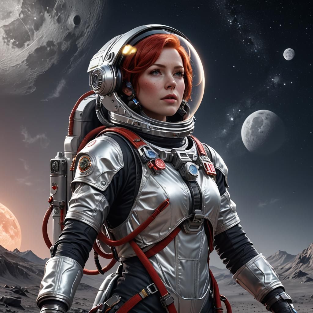 001 A beautiful red haired female astronaut wearing a silver spacesuit on the moon.