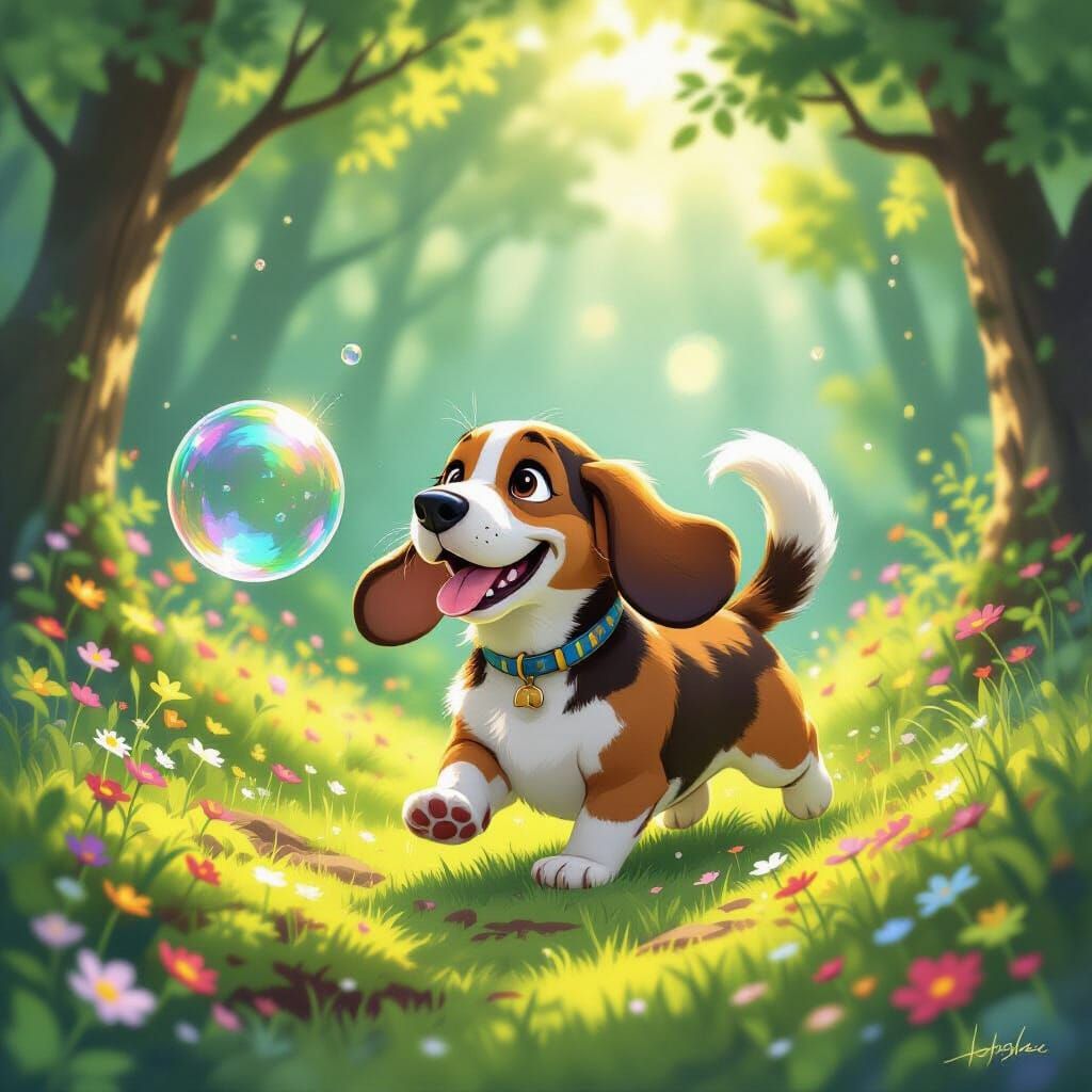 Basset Hound Sprite Chasing Iridescent Bubble in Enchanted F...