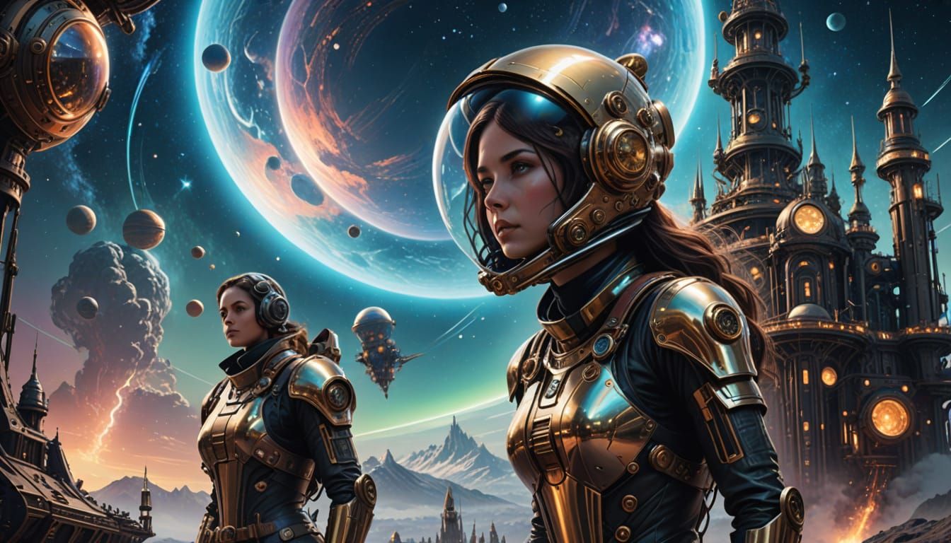 Ethereal Steampunk Space Goddess in Vibrant Cosmic Dreamscap...