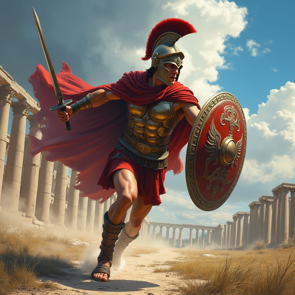 Spartan Warrior Charging into Ancient Greek Battle