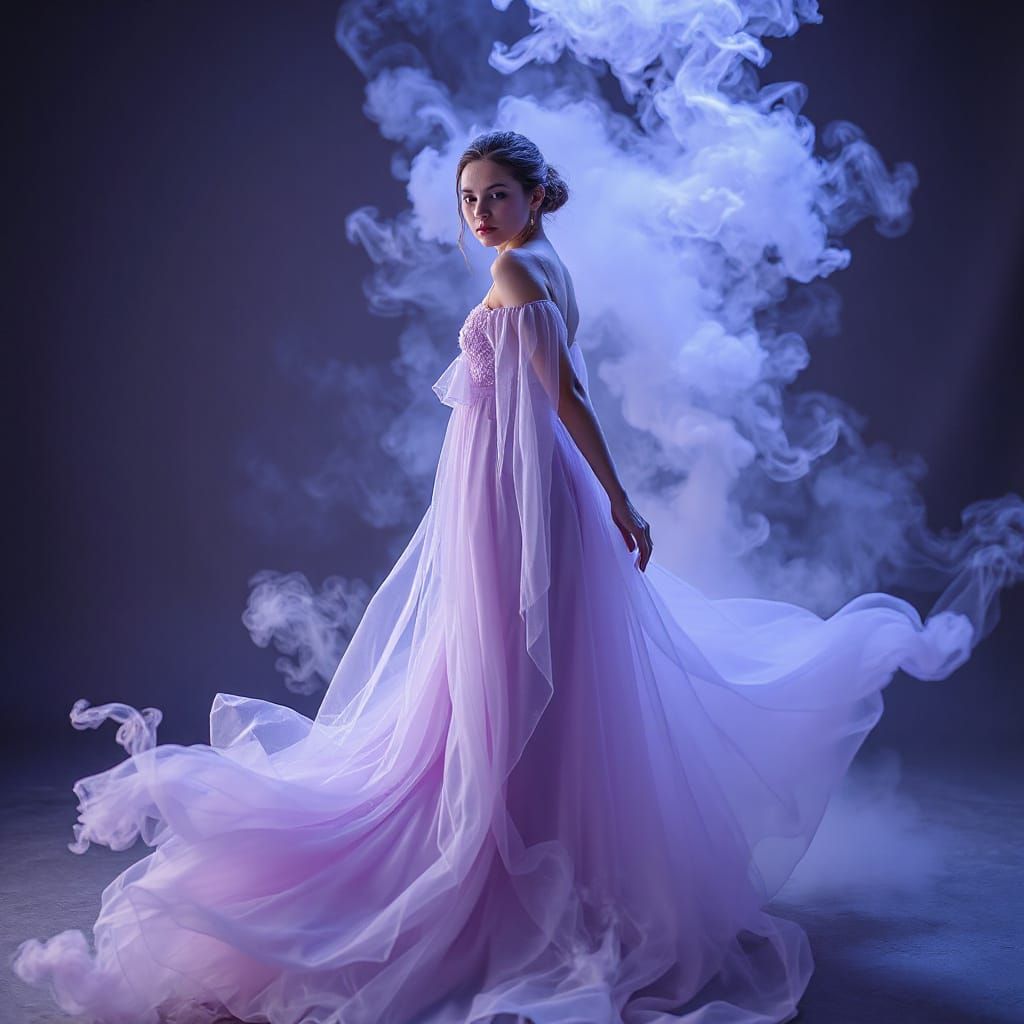Ethereal Woman in Mist Gown: Vapor Art