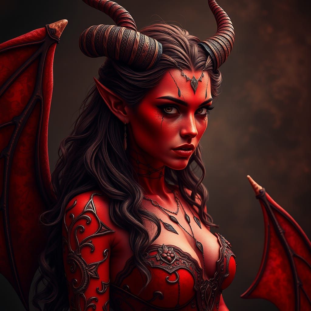 Hyperrealistic Devil Woman in Detailed Red Dress