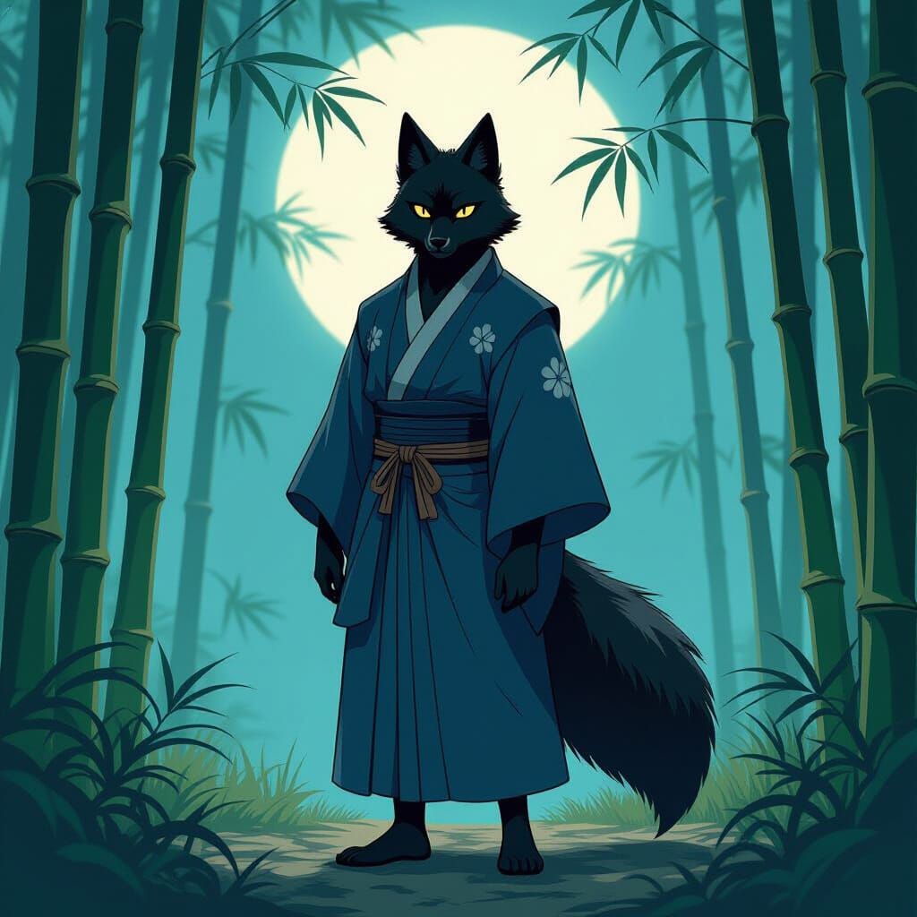 Handsome Black Kitsune Man in Serene Bamboo Forest