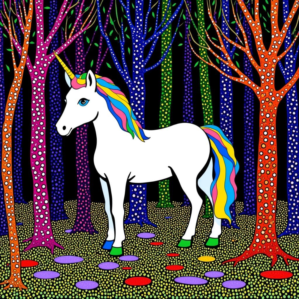 Kusama Inspired Unicorn in Enchanted Forest