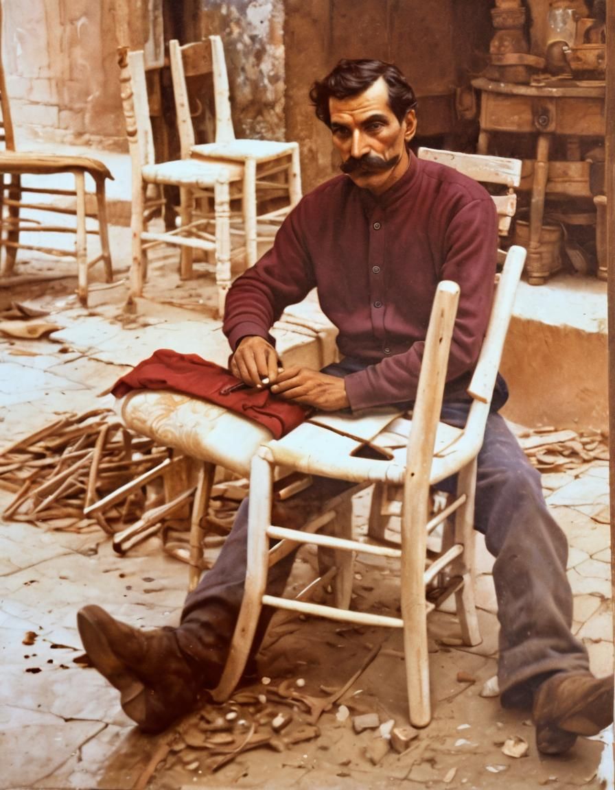 a Romani man with moustache mending a chair, pale red purple...