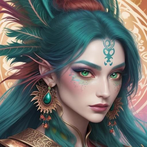Dragon Woman Portrait with Peacock Feathers, Digital Art