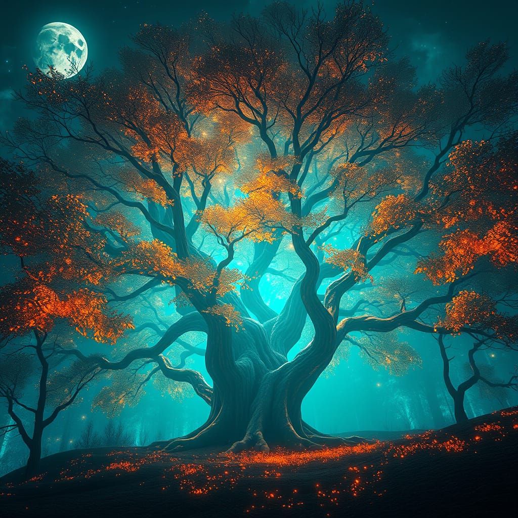 Moonlit Magic Tree Radiates Triadic Glory