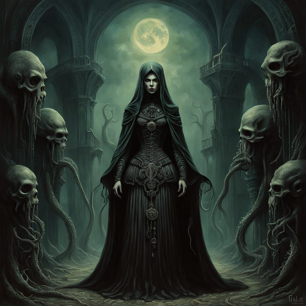 Dark Fantasy Female Cultist in Victorian-Inspired Attire