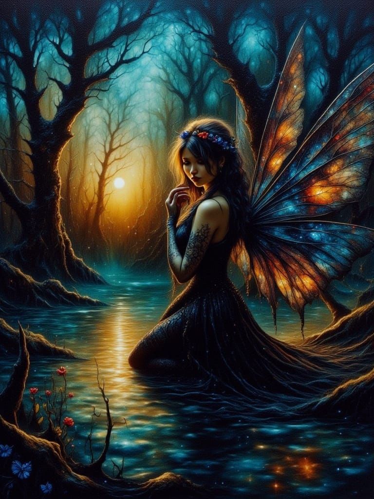 Goth Fairy in Swamp Under Starlight Oil Painting