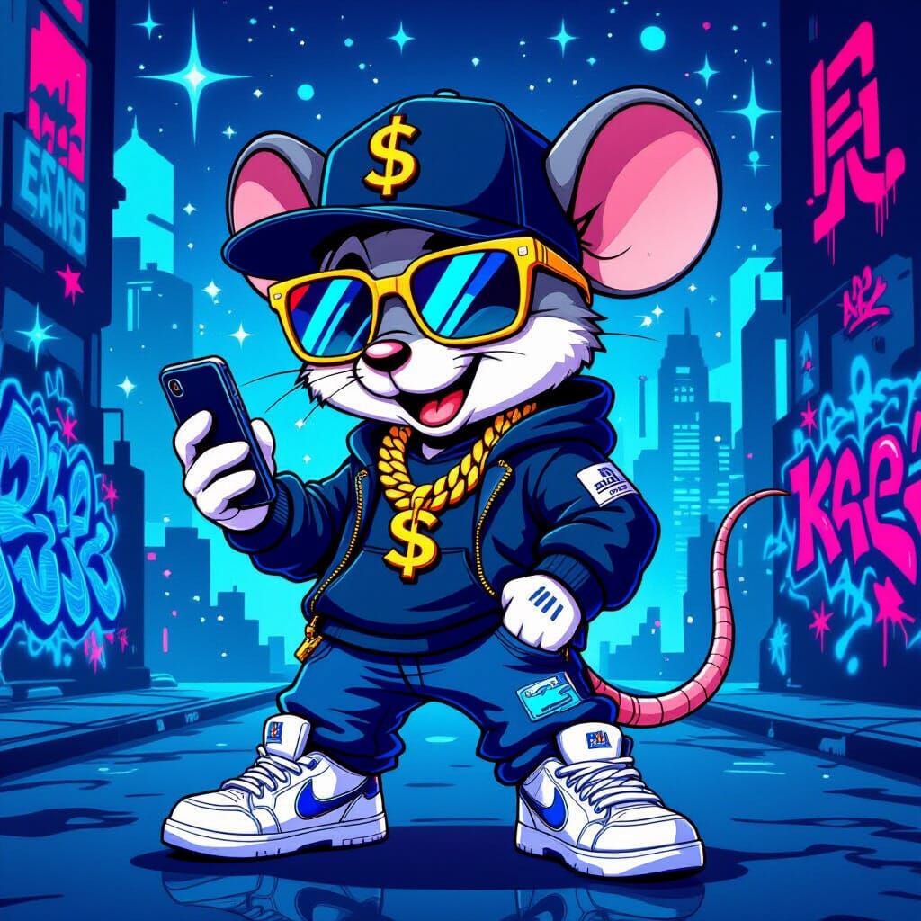 Hip Hop Mouse Character in Streetwear with Futuristic Citysc...
