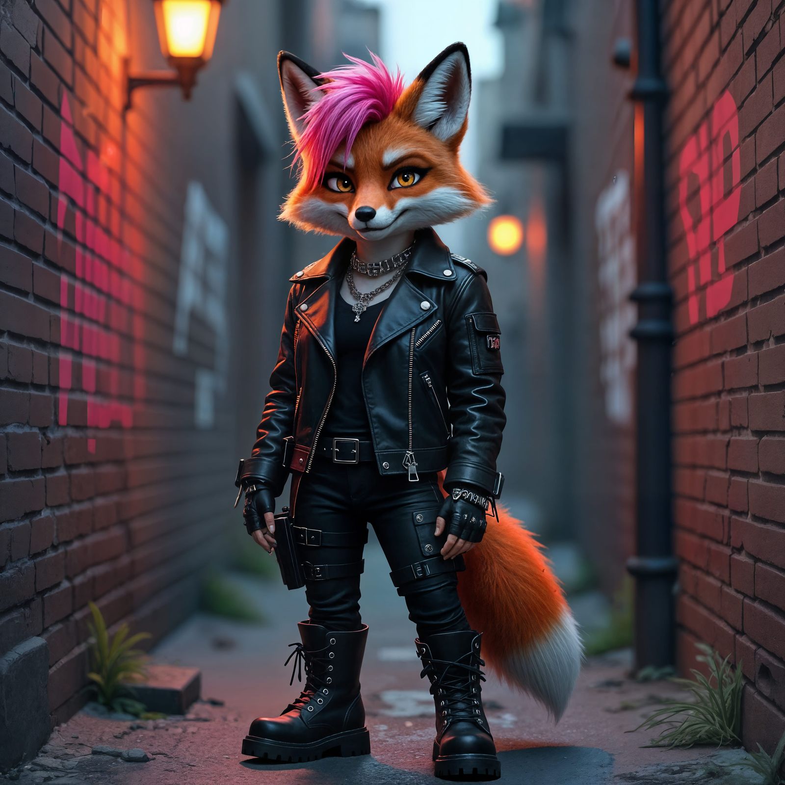 Punk Fox with Pink Mohawk in Back Alley