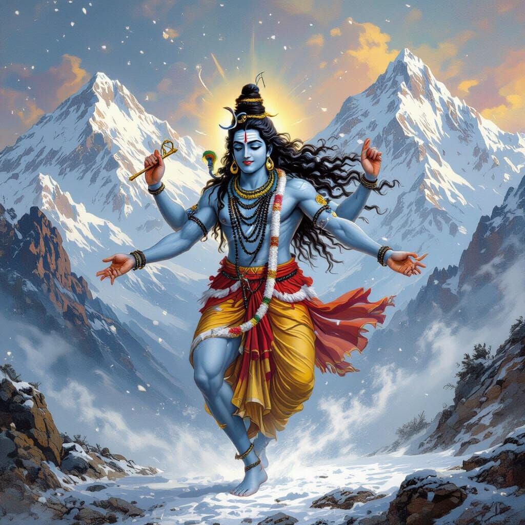 Shiva Dancing in Himalayas, Raja Ravi Varma Style