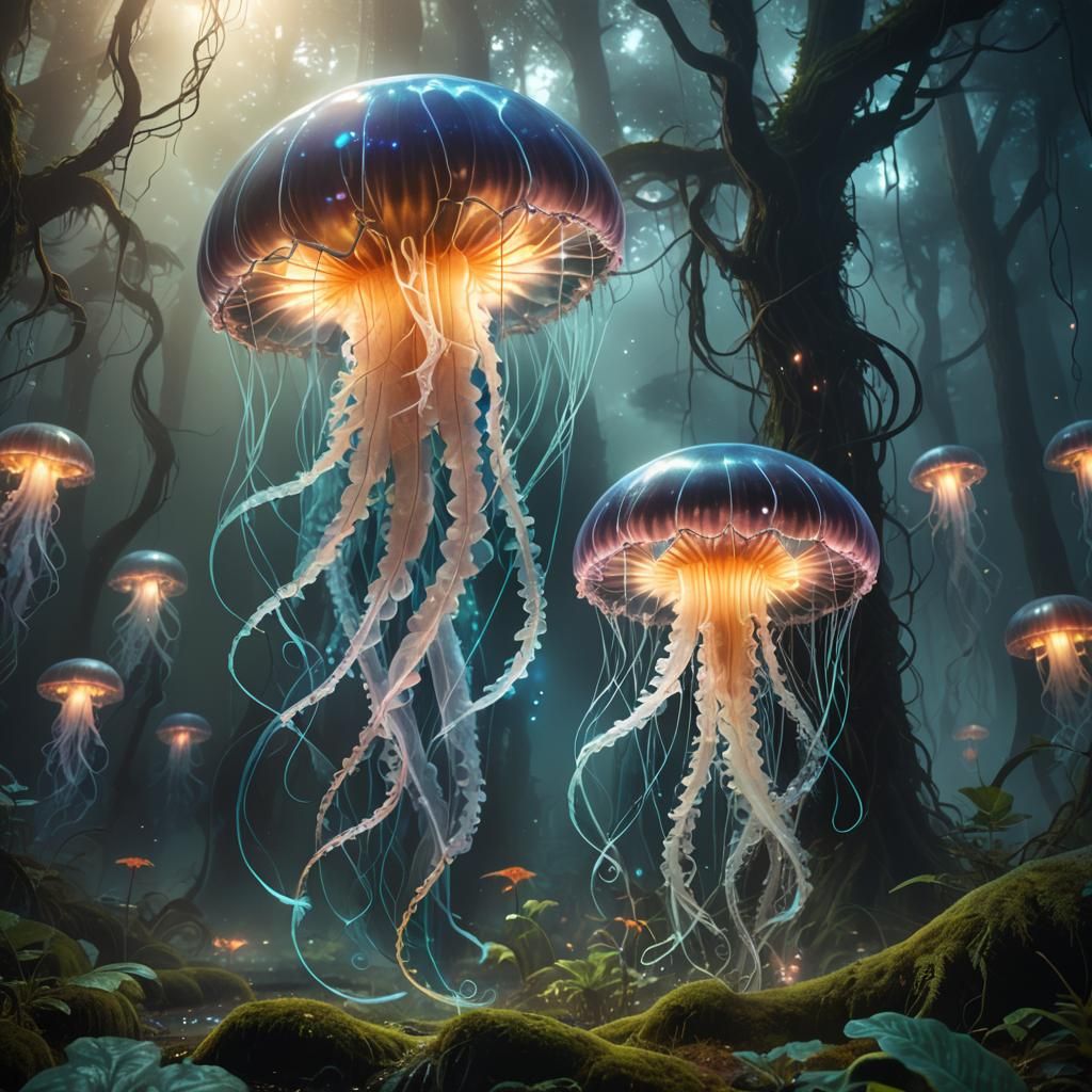 Glowing Jellyfish Creature in Bioluminescent Forest