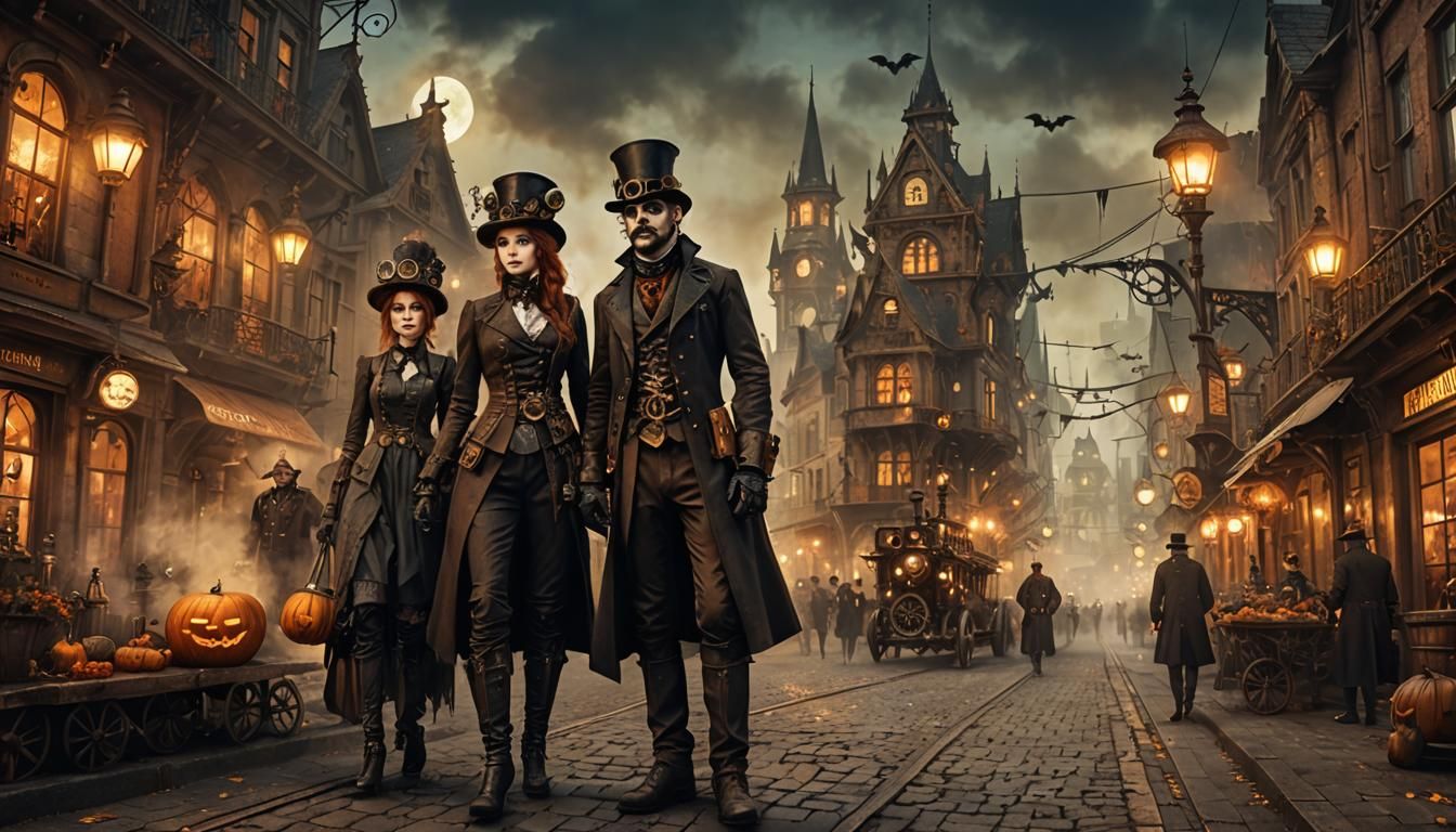 Steampunk City Halloween with Pumpkins and Candlelight