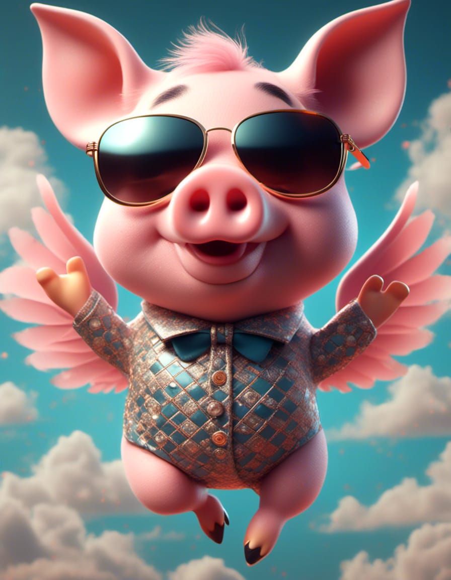 Flying Pig Portrait with Sunglasses, Digital Art