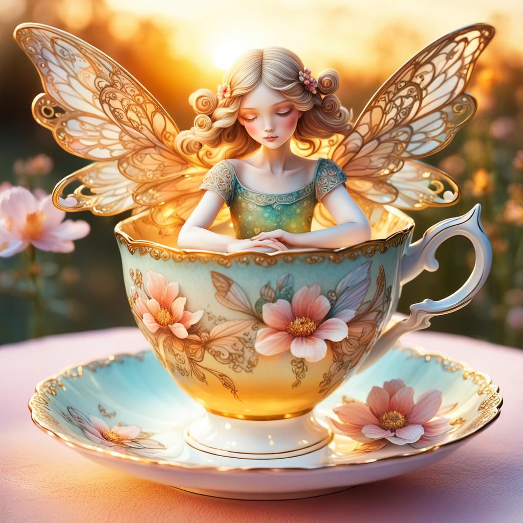 Floral Teacup Fairy with Golden Wings at Sunset