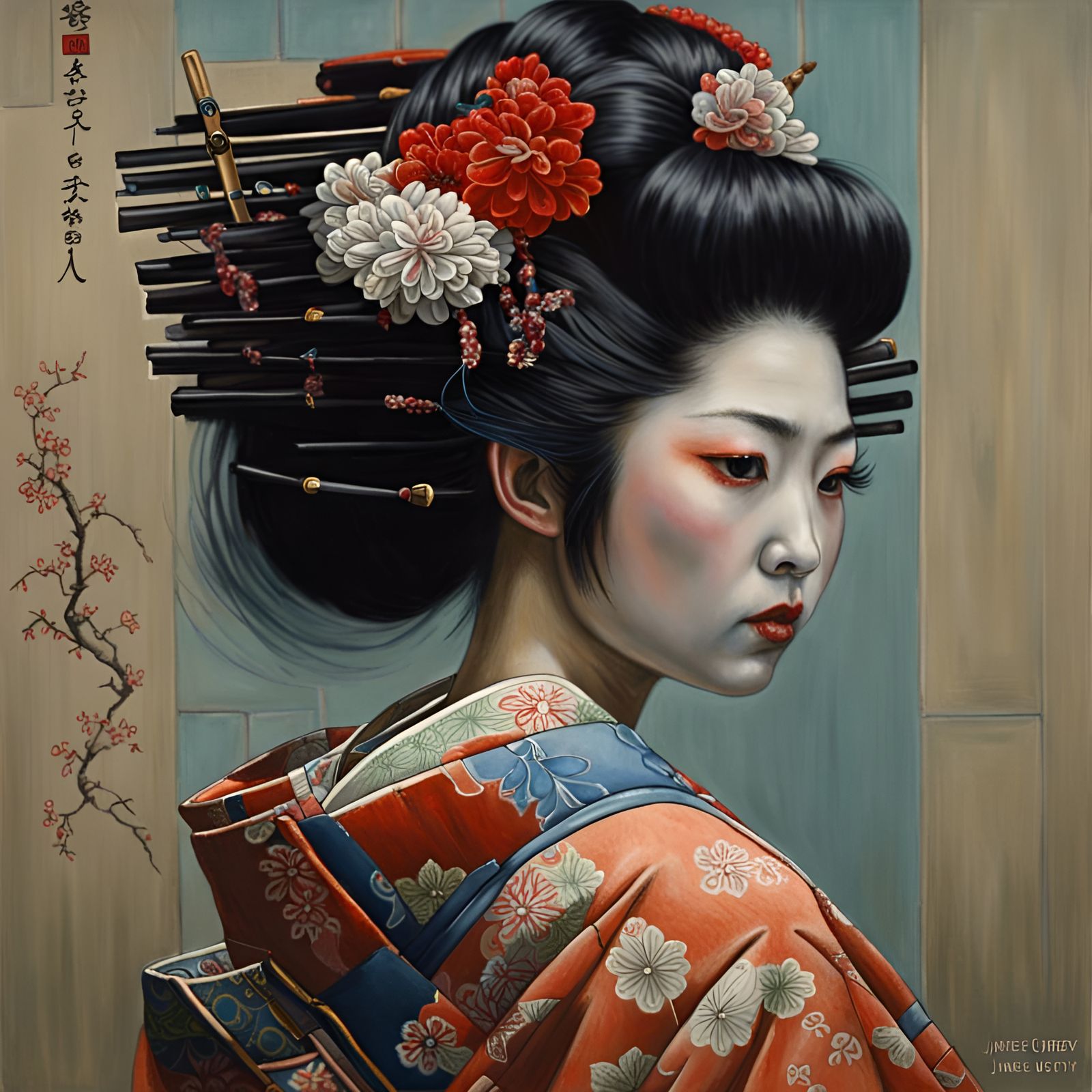 Geisha Girl Portrait in Oil Painting Style