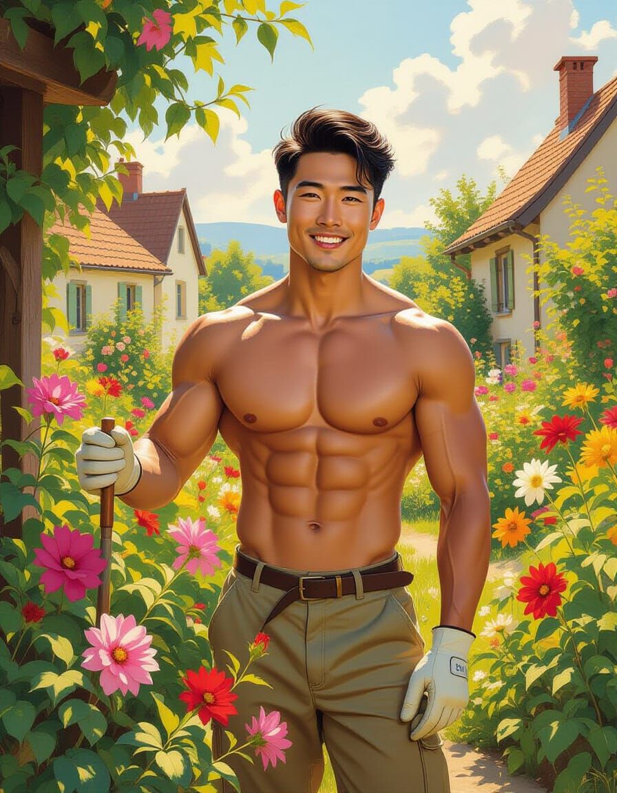 Muscular Asian Man Tending Vibrant Summer Garden