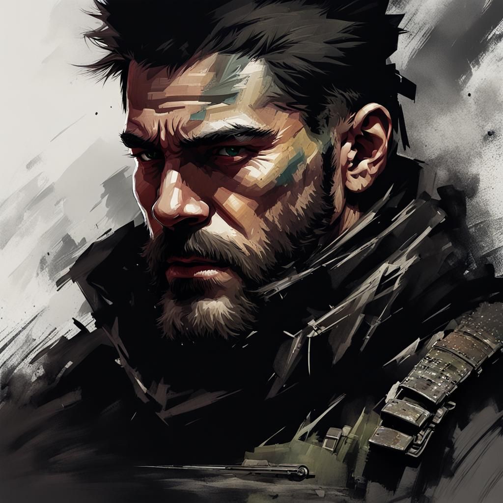 Menacing Mercenary Portrait as Ink Paint Sketch