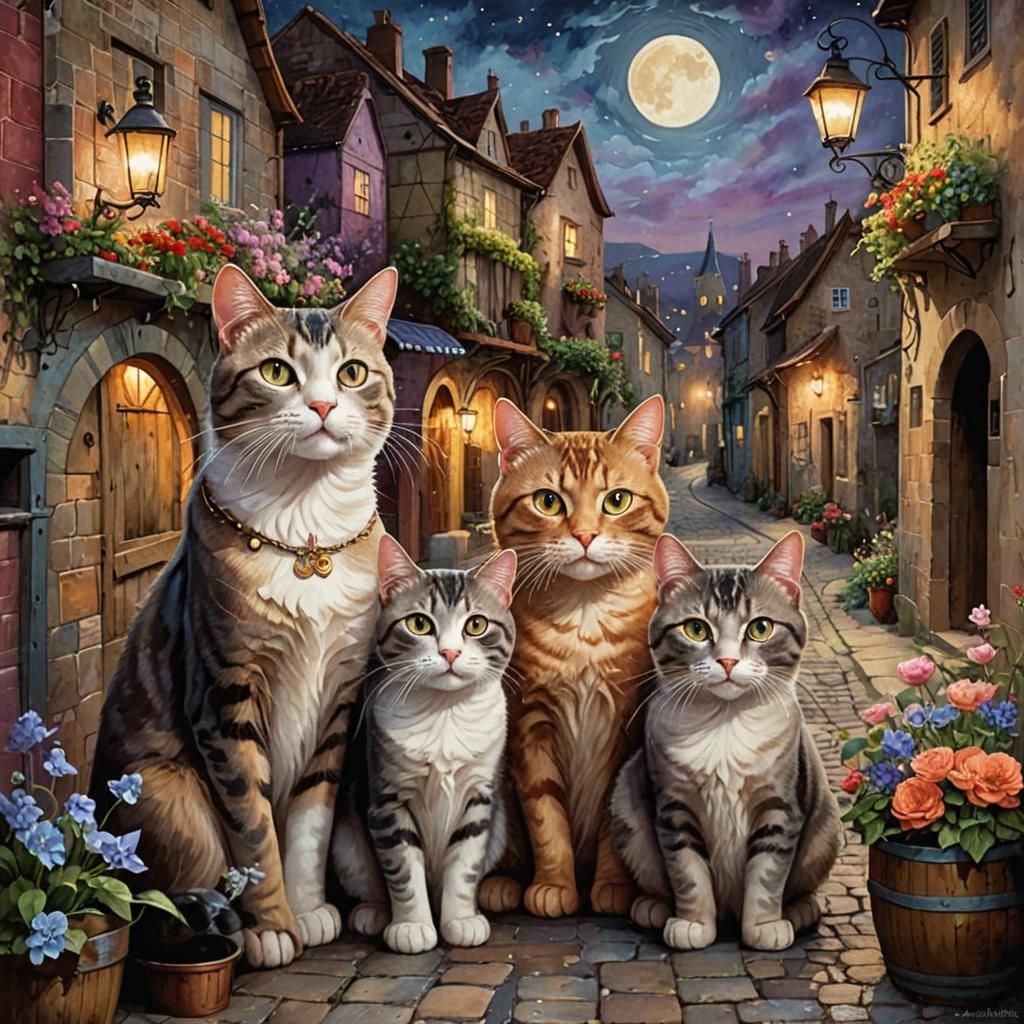 Whimsical Cats in Moonlit Village Back Alley