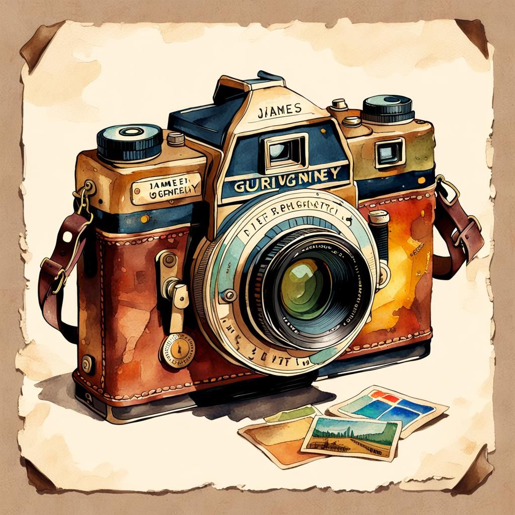Vintage Camera Travel Stickers in Watercolor Sketch Style